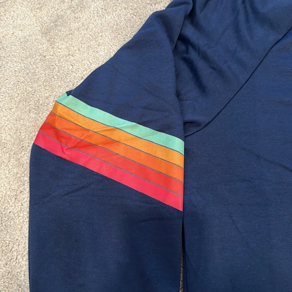 Aviator Nation INSPIRED sweatshirt- navy w red lightning bolt striped sleeves - Picture 2 of 4